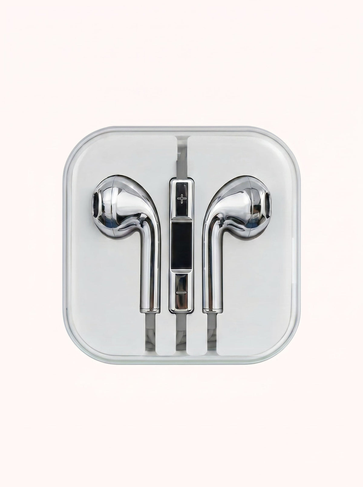 Chrome Buds wired earbuds with mirror-chrome finish and in-line remote, coiled in their clear storage case