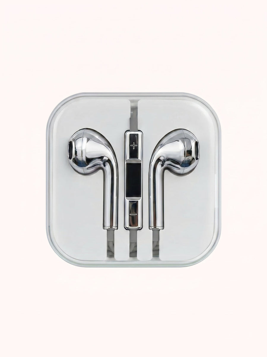 Chrome Buds wired earbuds with mirror-chrome finish and in-line remote, coiled in their clear storage case
